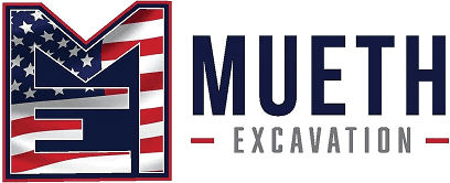 Mueth Excavation logo with American flag design.